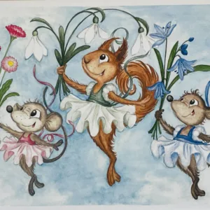 Tre ballerinor med vårblommor, vykort