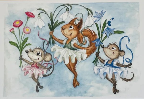 Tre ballerinor med vårblommor, vykort