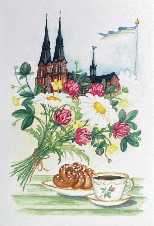 Uppsalavykort - blommor och fika, domkyrkan