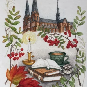 Uppsalavykort - höst, fika och böcker. Domkyrkan