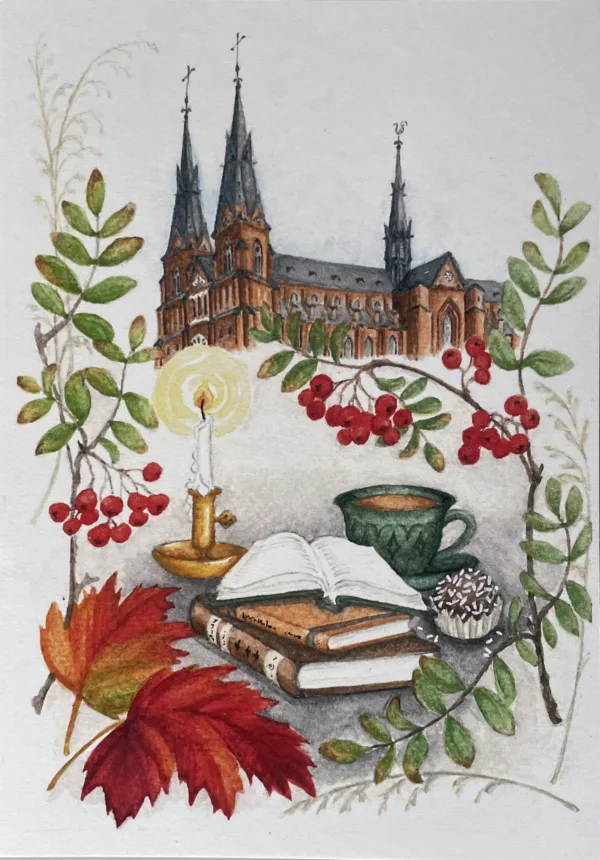 Uppsalavykort - höst, fika och böcker. Domkyrkan