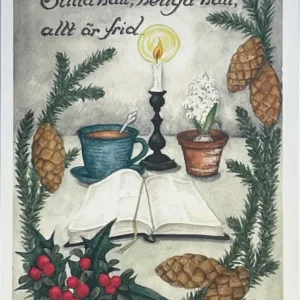 Julkort- grankvist, ljus och Bibel
