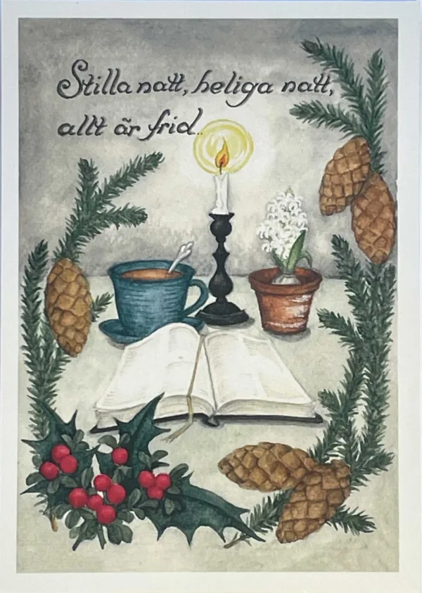 Julkort- grankvist, ljus och Bibel