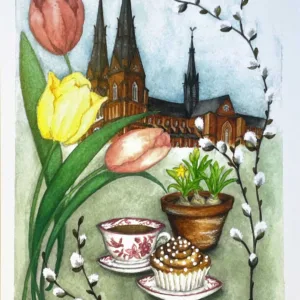 Uppsalavykort - vår och fika. Domkyrkan