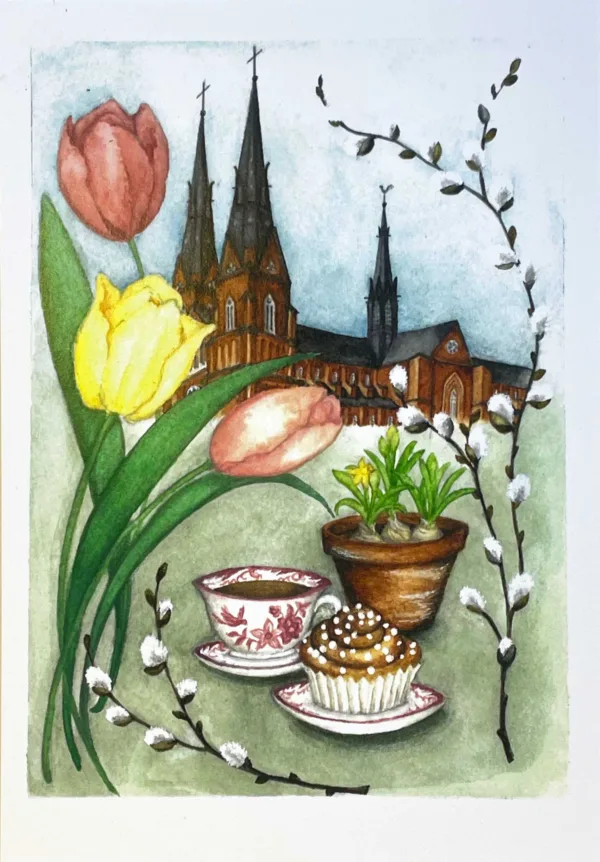 Uppsalavykort - vår och fika. Domkyrkan